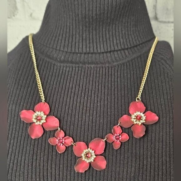 Red & Gold Floral Statement Necklace – Enamel Flowers w/ Crystal Centers - Picture 2 of 5